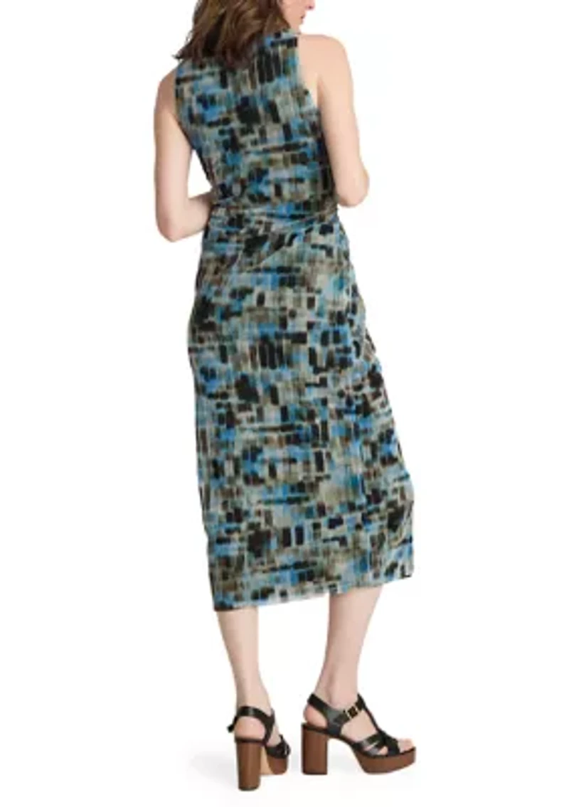 Sleeveless Grid Printed Suede Ruch Mesh Dress