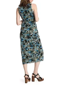 Sleeveless Grid Printed Suede Ruch Mesh Dress