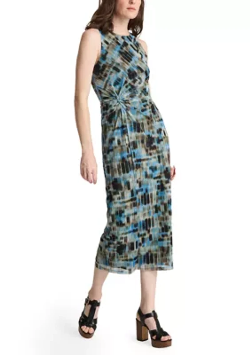 Sleeveless Grid Printed Suede Ruch Mesh Dress