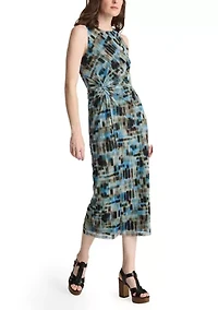 Sleeveless Grid Printed Suede Ruch Mesh Dress