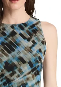 Sleeveless Grid Printed Suede Ruch Mesh Dress