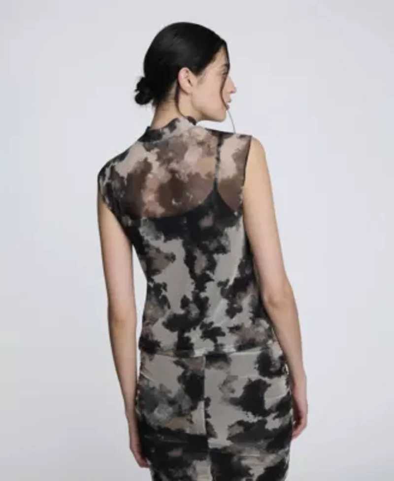 Printed Mesh Side Ruched Tee