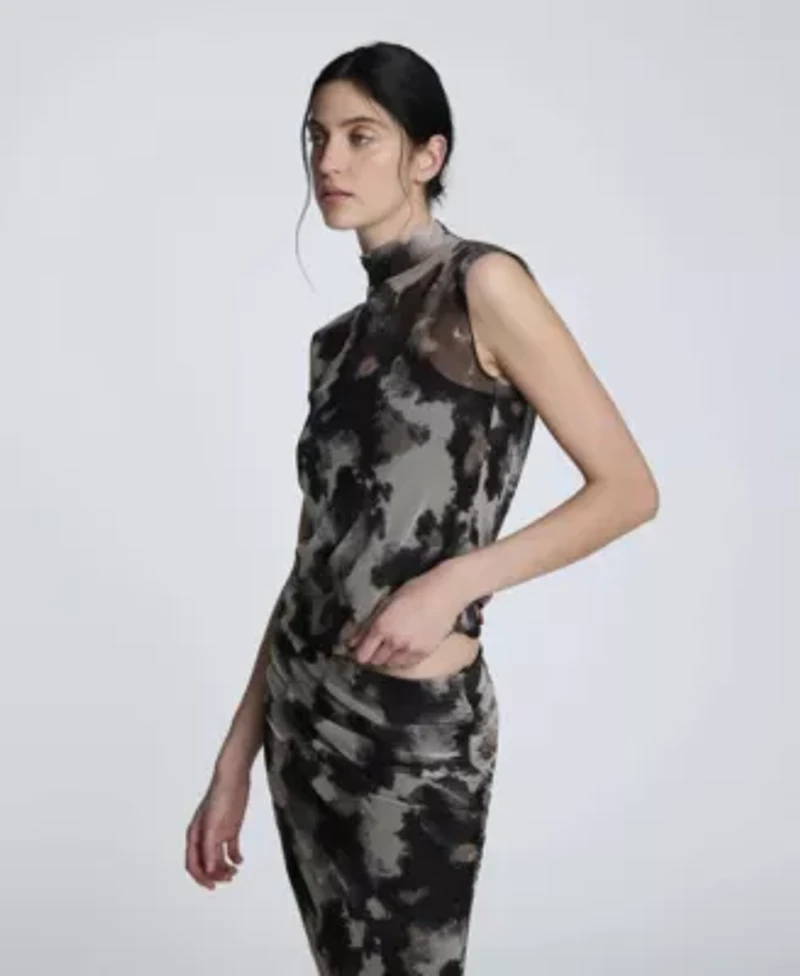 Printed Mesh Side Ruched Tee