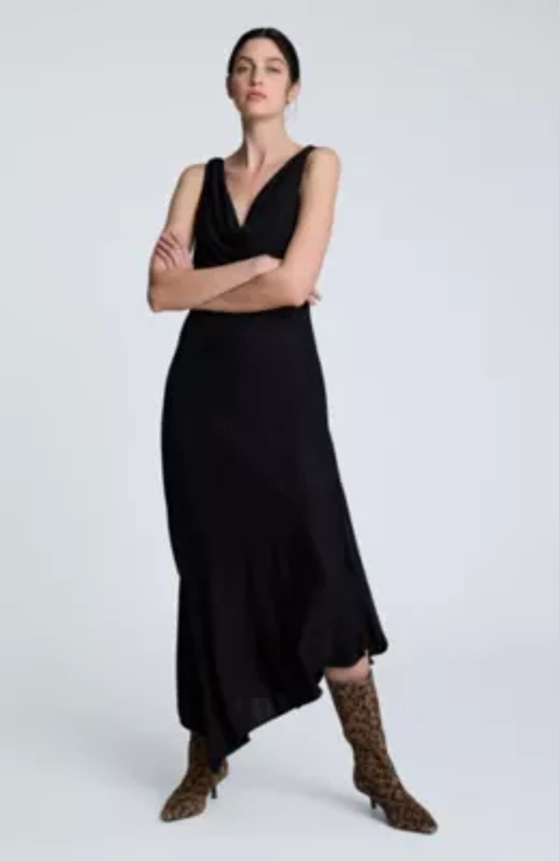 Asymmetric Hem Cowl Neck Dress