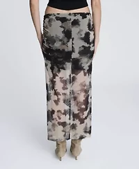Printed Mesh Pull On Midi Skirt Side Ruched