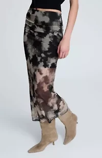 Printed Mesh Pull On Midi Skirt Side Ruched