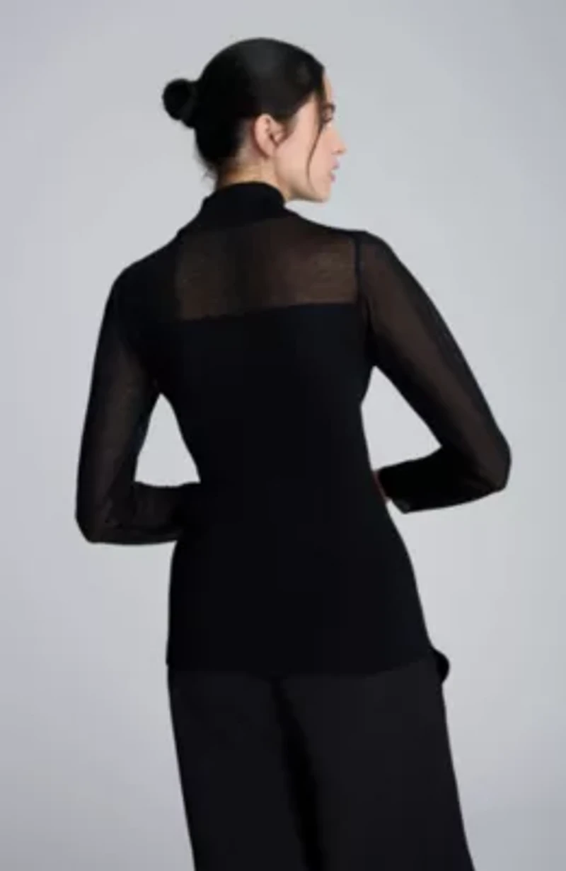 Ribbed Long Sleeve Mockneck With Semi Sheer Yoke