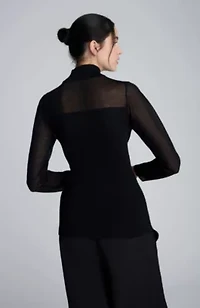 Ribbed Long Sleeve Mockneck With Semi Sheer Yoke