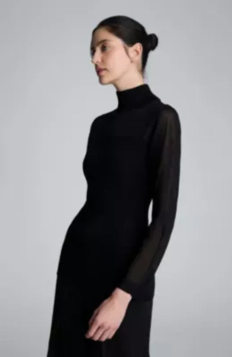 Ribbed Long Sleeve Mockneck With Semi Sheer Yoke