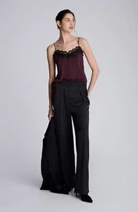 Double Faced Satin High Rise Fly Front Wide Leg Pleated Pant