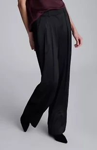 Double Faced Satin High Rise Fly Front Wide Leg Pleated Pant