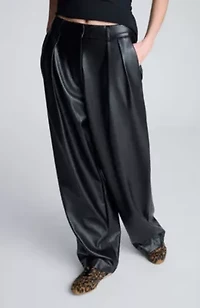 Vegan Leather High Rise Fly Front Wide Leg Double Pleated Pant