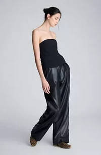 Vegan Leather High Rise Fly Front Wide Leg Double Pleated Pant