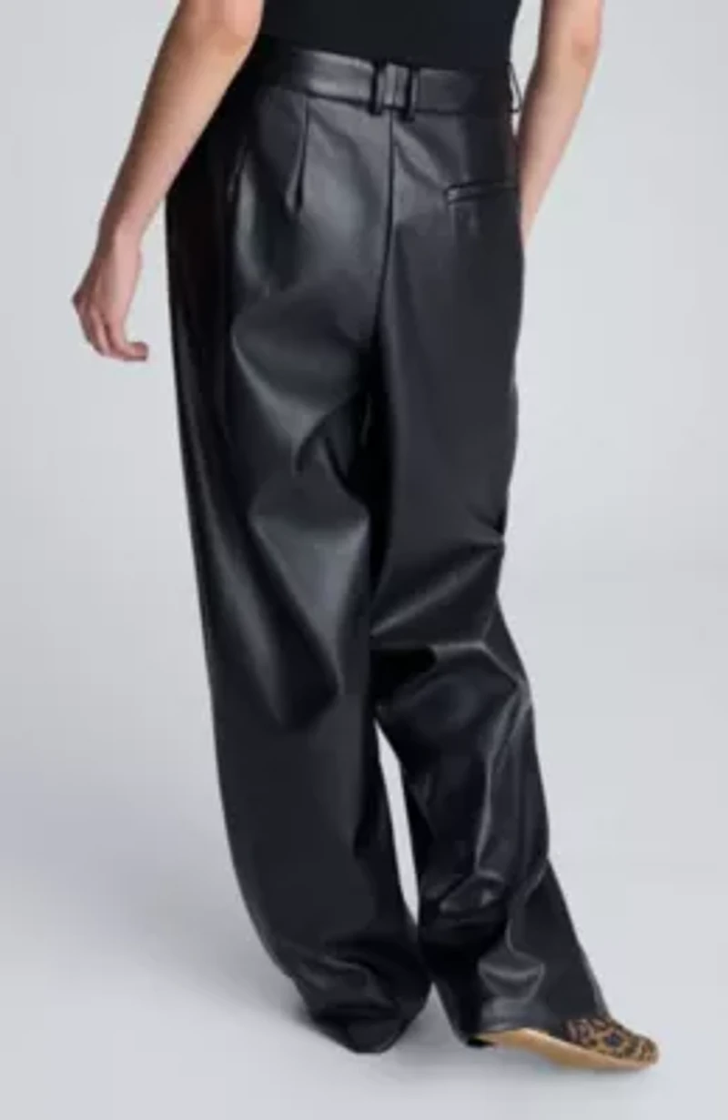 Vegan Leather High Rise Fly Front Wide Leg Double Pleated Pant
