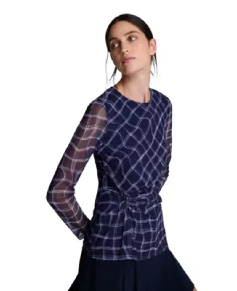 Mesh Knotted Waist Long Sleeve Pullover