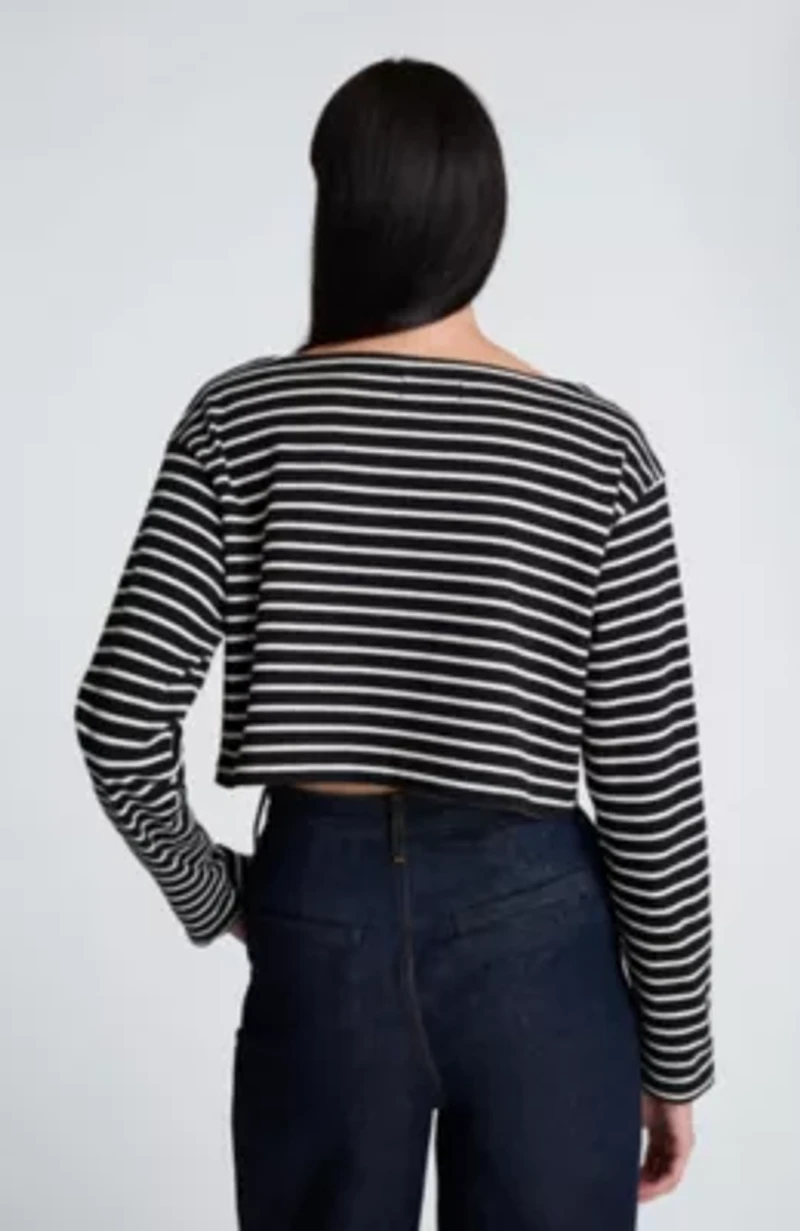 Long Sleeve Cotton Boat Neck Crop Stripe Pullover