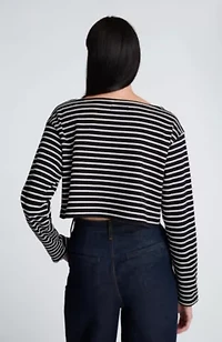 Long Sleeve Cotton Boat Neck Crop Stripe Pullover