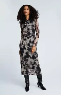 Printed Mesh Long Sleeve Knot Midi Dress