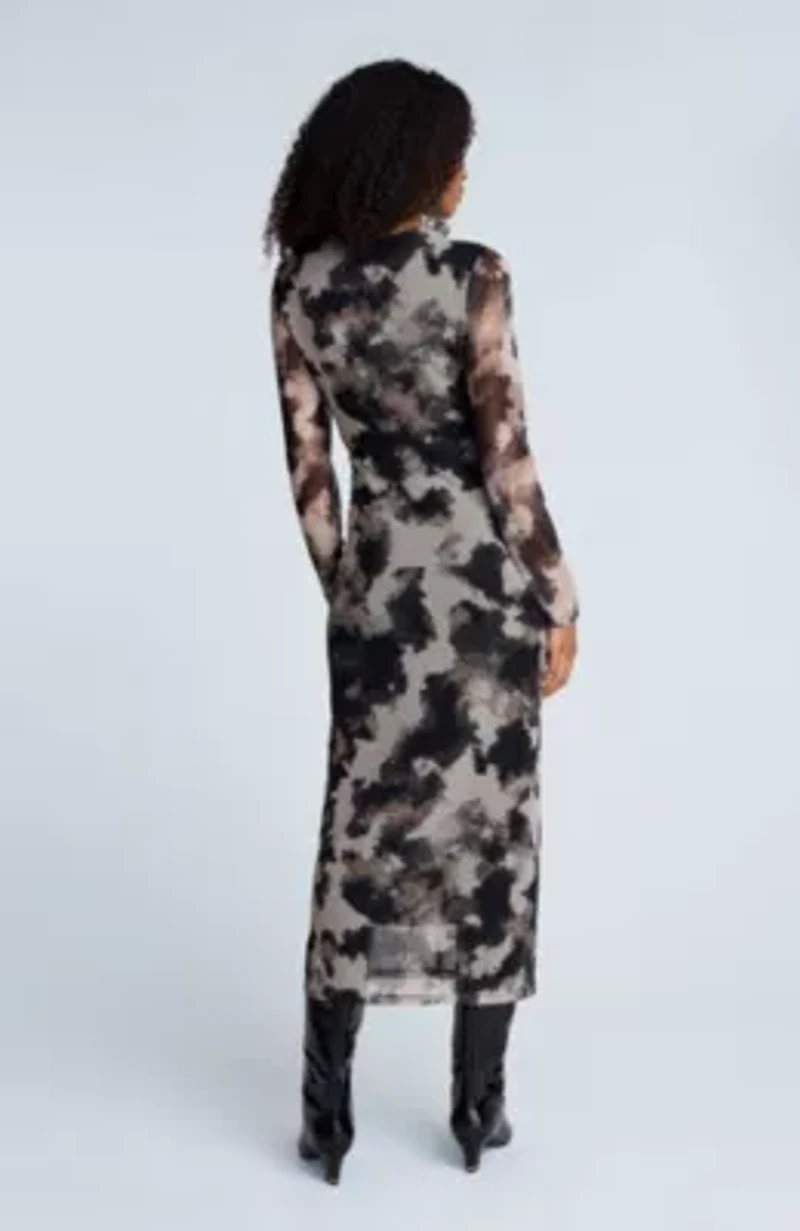 Printed Mesh Long Sleeve Knot Midi Dress