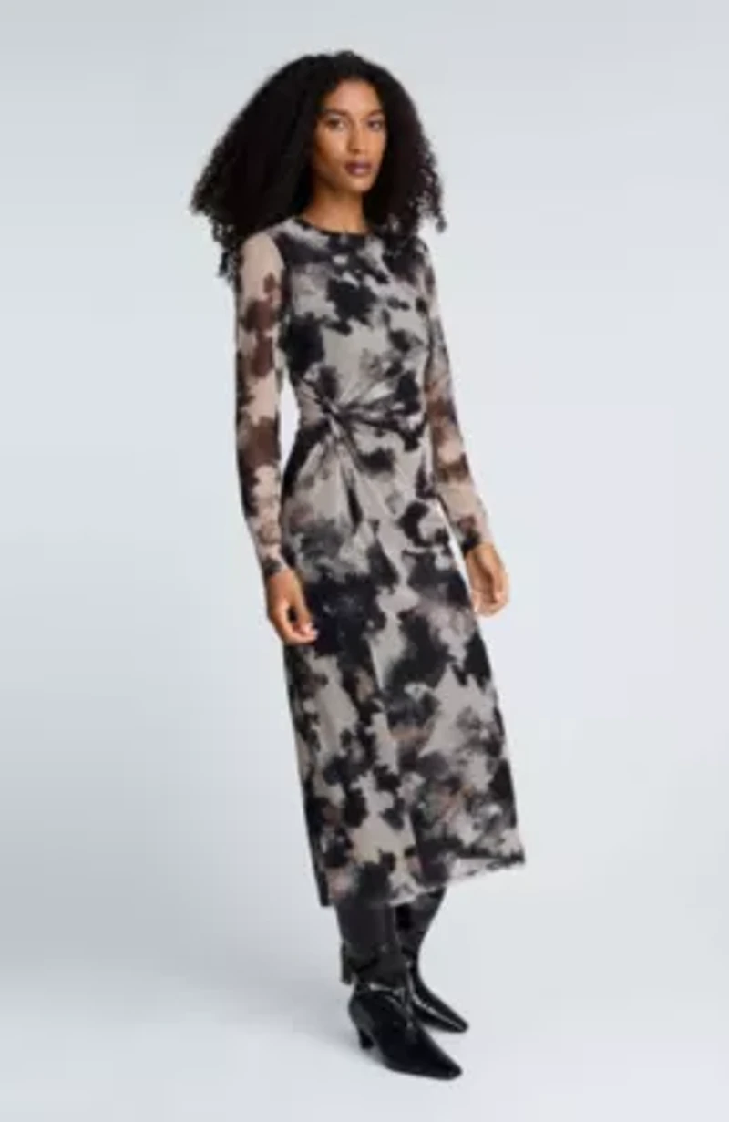 Printed Mesh Long Sleeve Knot Midi Dress