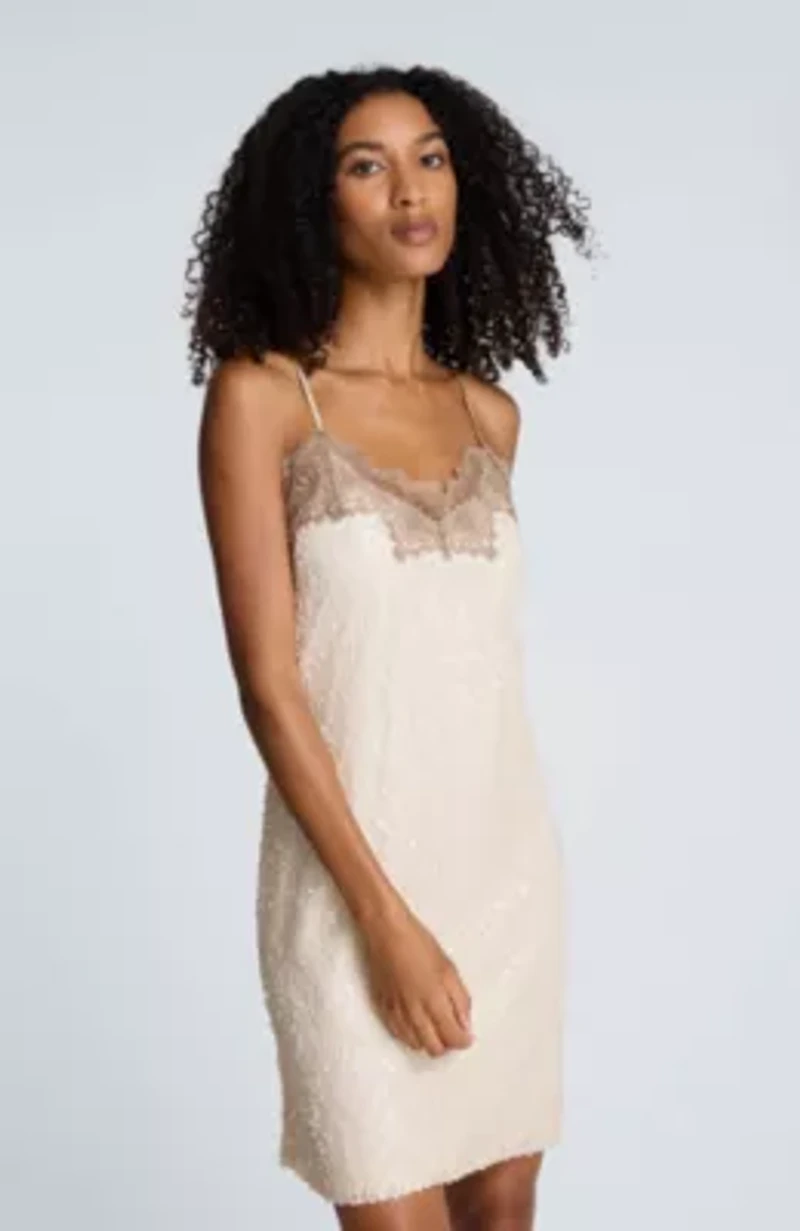 Sequin Netting Slip Dress With Lace Trim