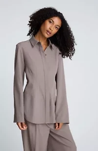 Stripe Cotton Poplin Button Front Crop Shirt With Adjustable Sleeve Trim