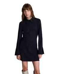 Shirred Pinstripe A-line Zip Front Shirt Dress