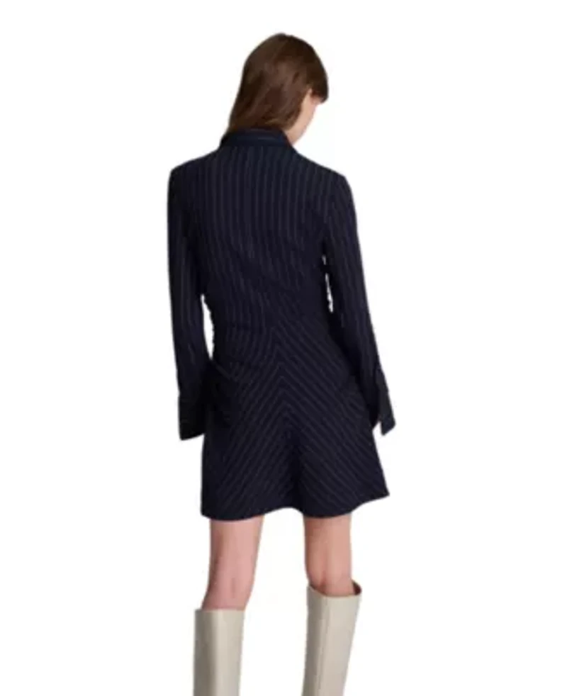 Shirred Pinstripe A-line Zip Front Shirt Dress