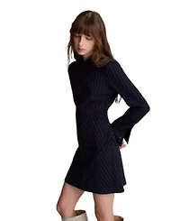 Shirred Pinstripe A-line Zip Front Shirt Dress
