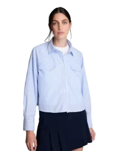Boxy Cropped Roll Sleeve Striped Poplin Shirt