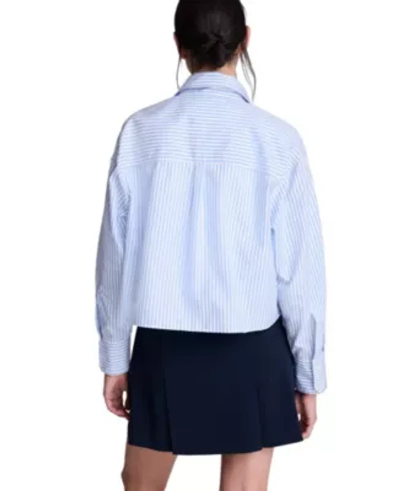 Boxy Cropped Roll Sleeve Striped Poplin Shirt