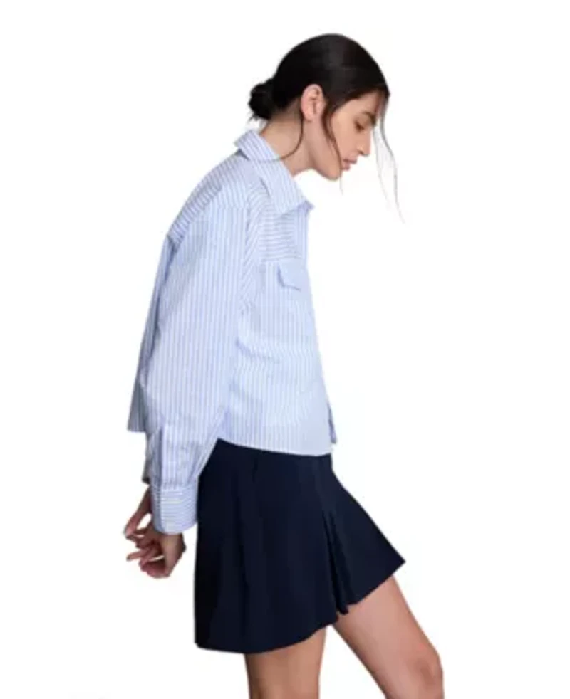 Boxy Cropped Roll Sleeve Striped Poplin Shirt