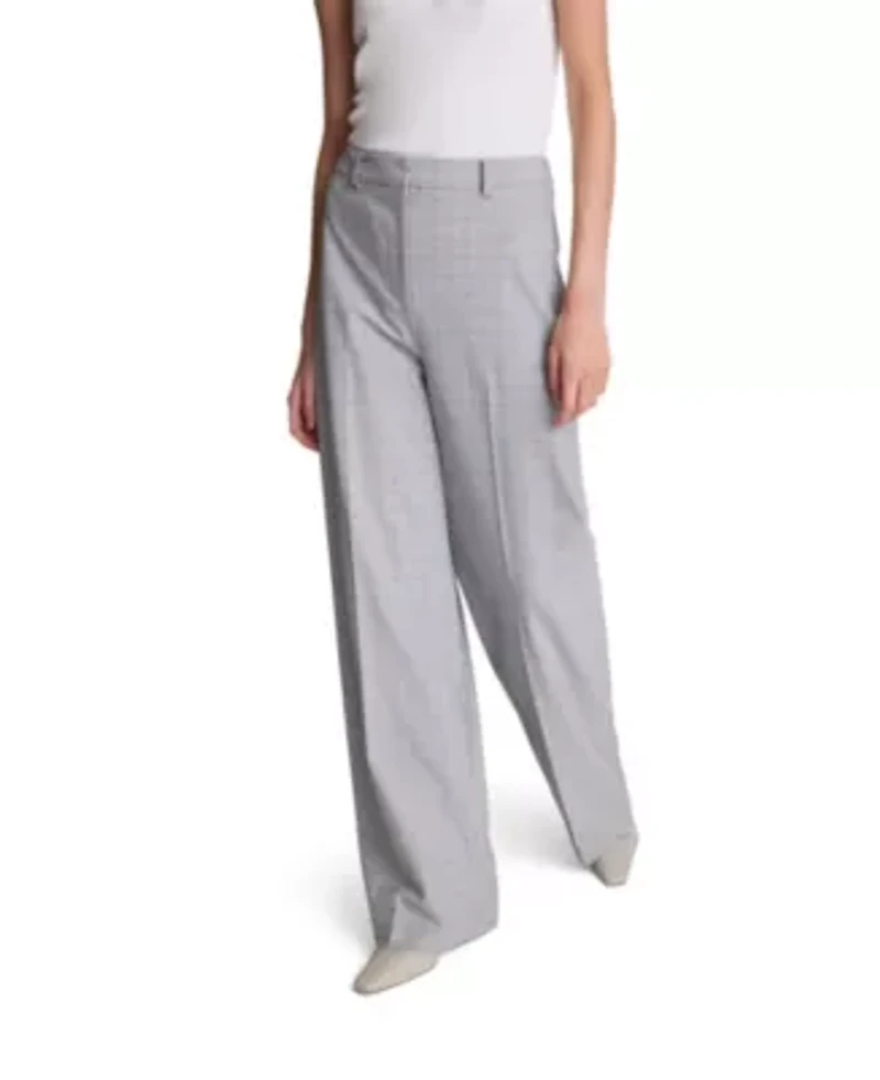 Fly Front High Rise Boyfriend Wide Leg Plaid Pant