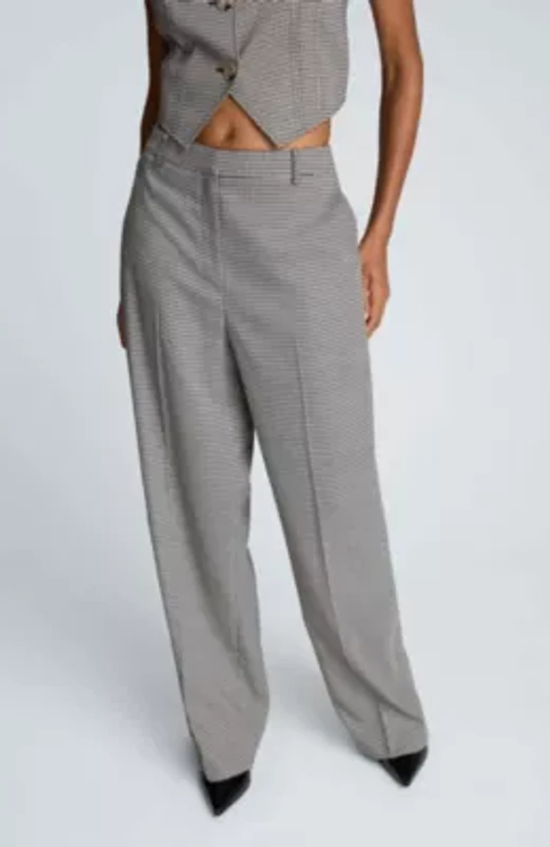 Houndstooth Fly Front High Rise Boyfriend Wide Leg Pant