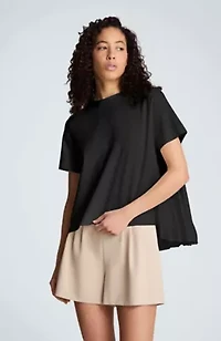 Short Sleeve Crewneck with Combo Pleat Asymetric Hem