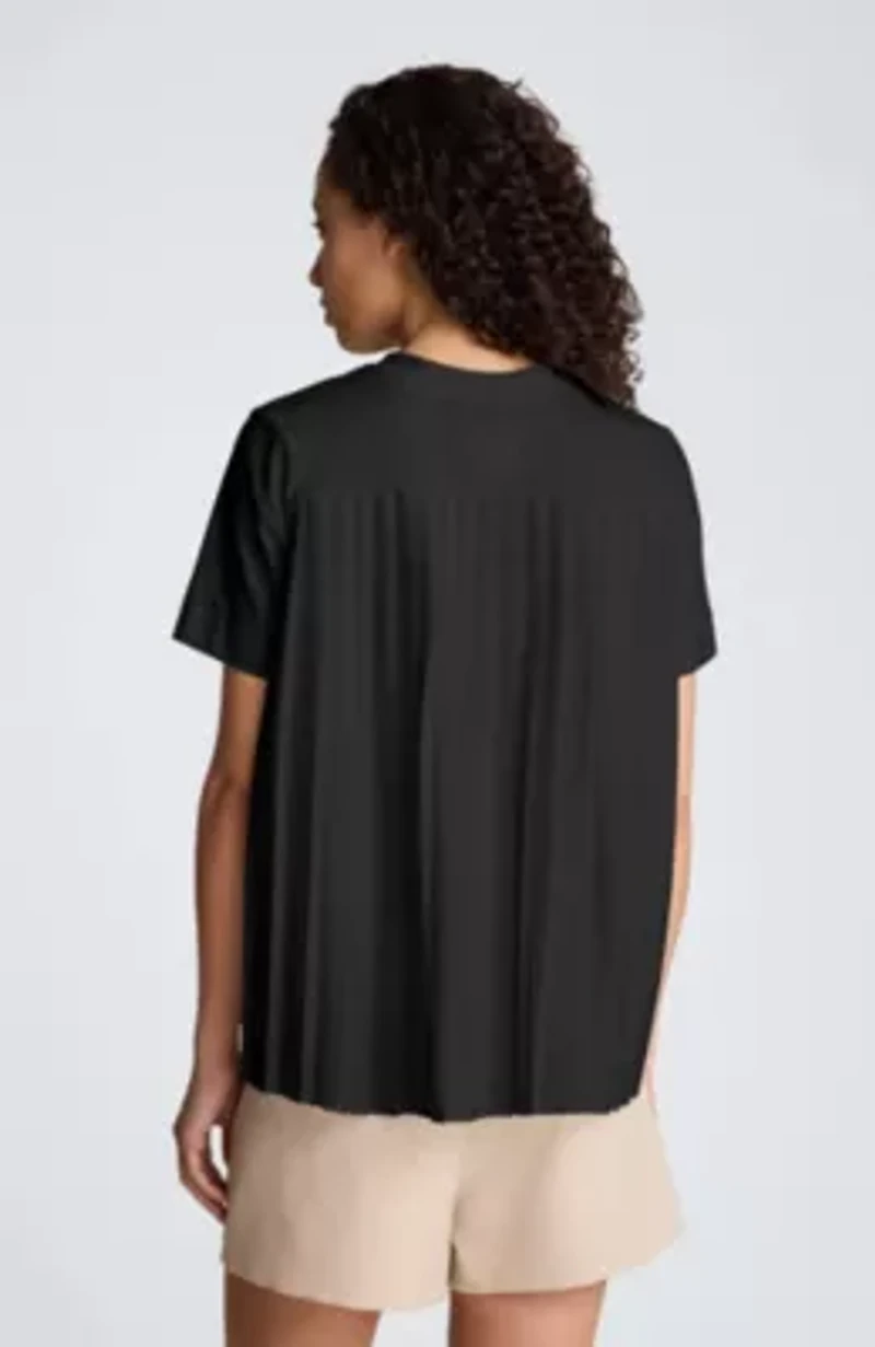 Short Sleeve Crewneck with Combo Pleat Asymetric Hem