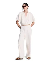 Shoulder Pleated Short Sleeve Crewneck Pullover