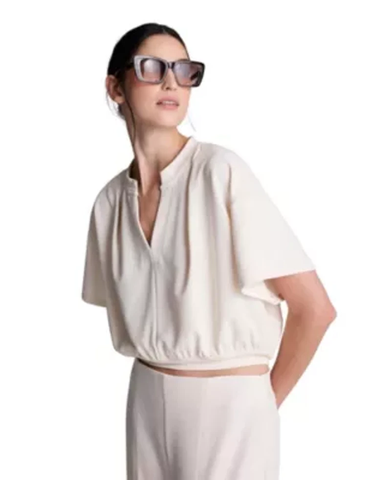 Shoulder Pleated Short Sleeve Crewneck Pullover