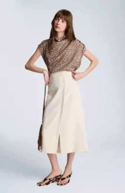 Center Back Zip Midi Skirt High Waisted Front Slit- Lined