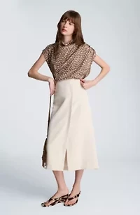 Center Back Zip Midi Skirt High Waisted Front Slit- Lined