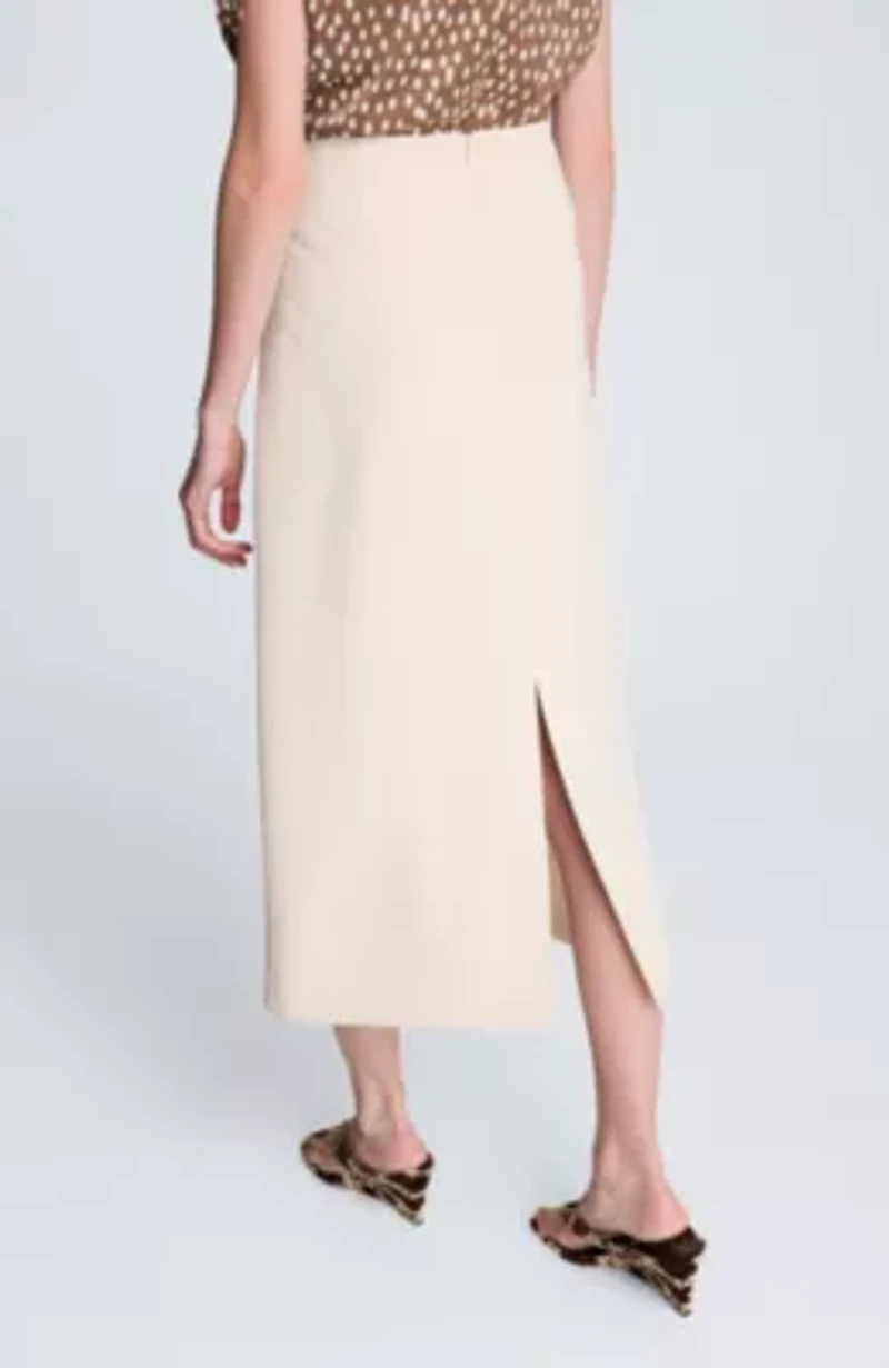 Center Back Zip Midi Skirt High Waisted Front Slit- Lined