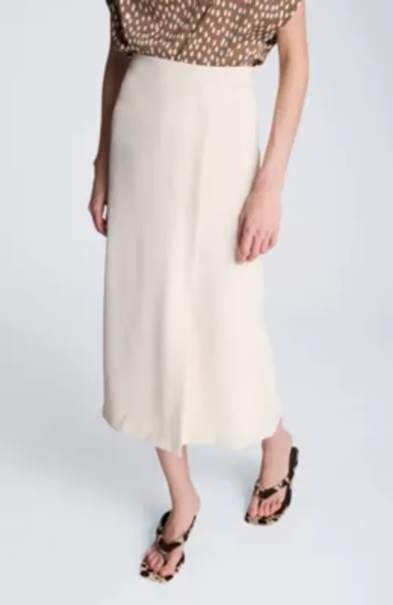 Center Back Zip Midi Skirt High Waisted Front Slit- Lined