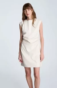 Vegan Leather Boatneck Ruched Waist Short Dress