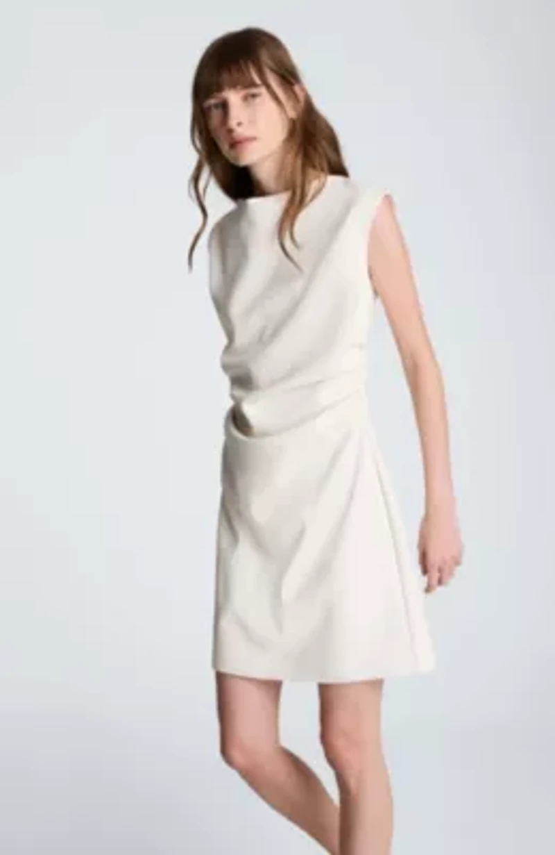 Vegan Leather Boatneck Ruched Waist Short Dress
