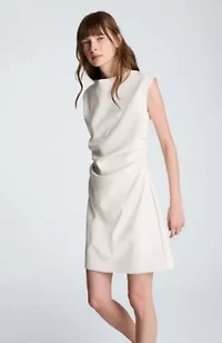 Vegan Leather Boatneck Ruched Waist Short Dress
