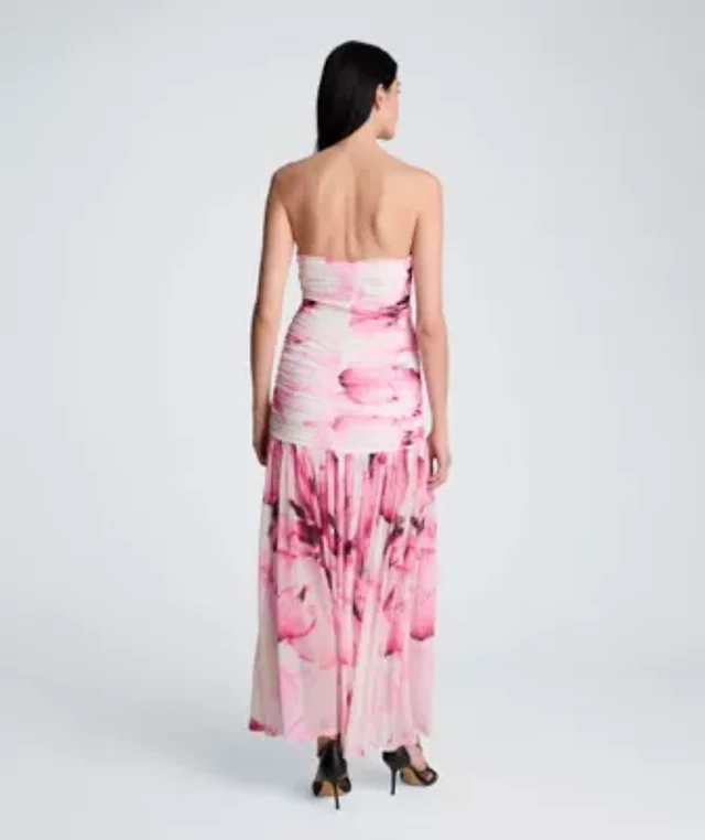 ML Monique Lhuillier Mila Chiffon Print Strapless Maxi Dress