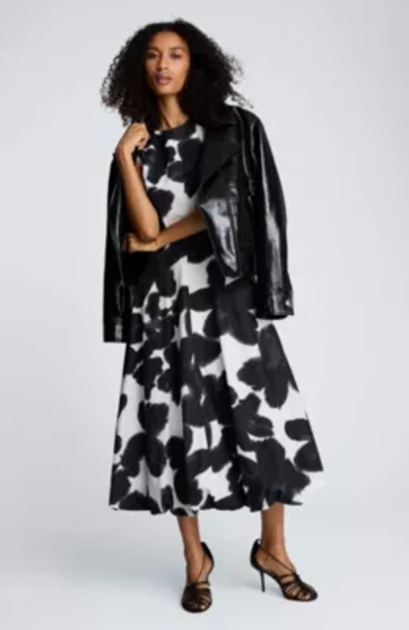 Bubble Hem Printed Midi Dress