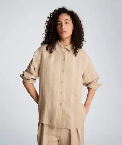 Drop Shoulder Button Front Striped Linen Shirt