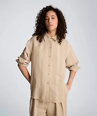 Drop Shoulder Button Front Striped Linen Shirt