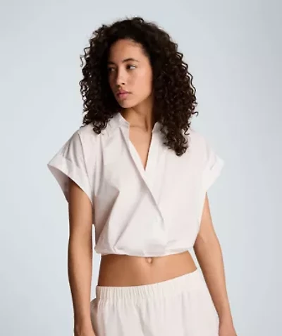 Pleat Cross Over Front Short Sleeve Crop Shirt